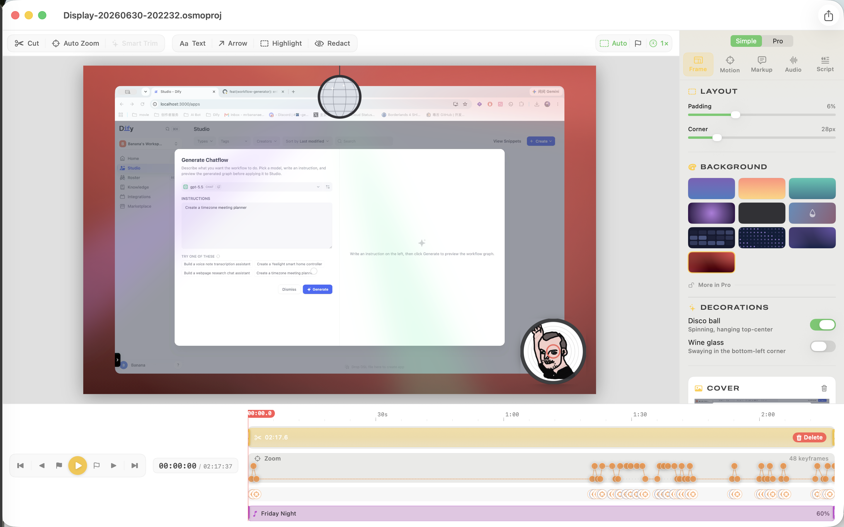The Verismo editor: a recording framed on a crimson backdrop with a comic avatar webcam, a spinning disco ball decoration, the Frame inspector with padding and background controls, and a timeline showing 48 auto-zoom keyframes and a music track.